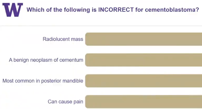 <p>which of the following is INCORRECT for cementoblastoma </p>