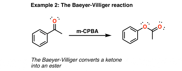 <ul><li><p>forms epoxides</p></li><li><p>forms esters from ketones (Baeyer-Villiger)</p></li><li><p>forms carboxylic acid from aldehydes</p></li></ul><p></p>