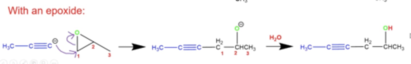 <p>the C- on the terminal alkyne can attack the most open carbon on the epoxide, opening the epoxide and forming an OH</p>