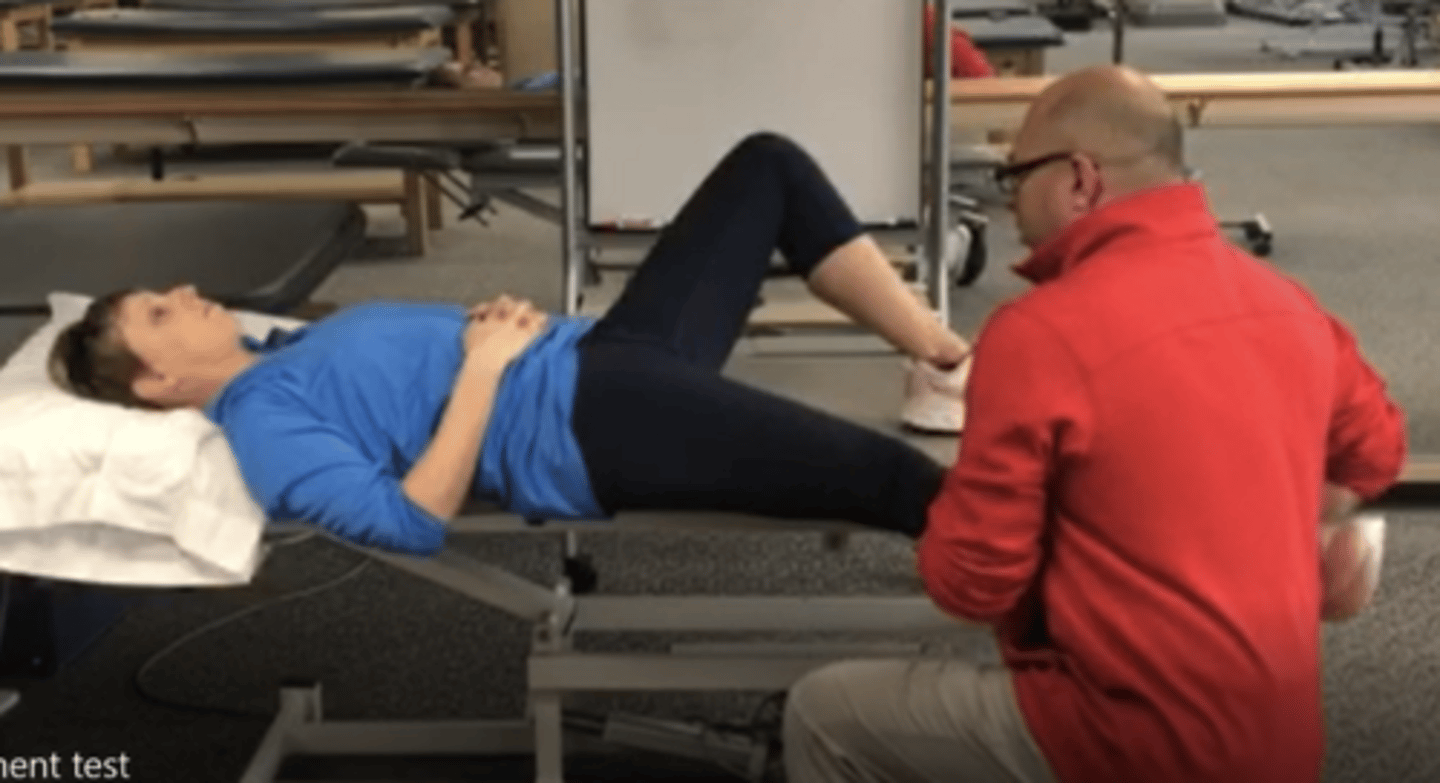 <p>purpose: test for posteroinferior labral impingement </p><p>procedure:</p><p>- patient supine</p><p>- examiner passively extends, abducts, and ER target leg off side of table </p><p>positive finding: concordant pain and apprehension </p>