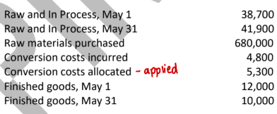 <p>Company X uses a Raw and In Process (RIP) inventory account and expensed all conversion costs to the cost of goods sold account. At the end of each month, all inventories are counted, their conversion cost components are estimated, and inventory account balances are adjusted accordingly. Raw material cost is backflushed from RIP to finished goods. The following information is for May:</p><p>What is the amount of conversion costs to be backflushed to cost of goods sold?</p><p>a. 10,100</p><p>b. 5,300</p><p>c. 4,800</p><p>d. 500</p>
