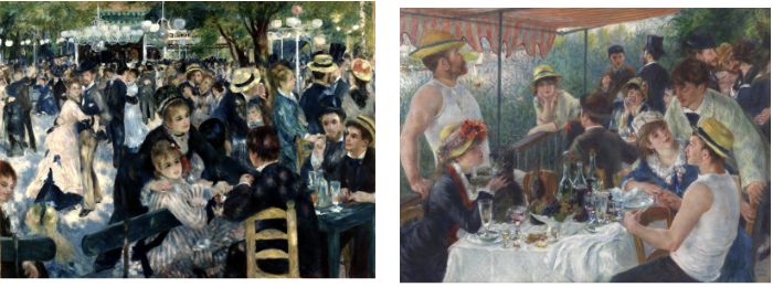 <ul><li><p><span>best known for his paintings of bustling Parisian modernity and delicate domesticity, captured in shimmering, dappled light</span></p></li><li><p><span><strong>Dance at the Moulin de la Galette</strong></span></p></li><li><p><span><strong>Luncheon of the Boating Party</strong></span></p></li></ul><p></p>