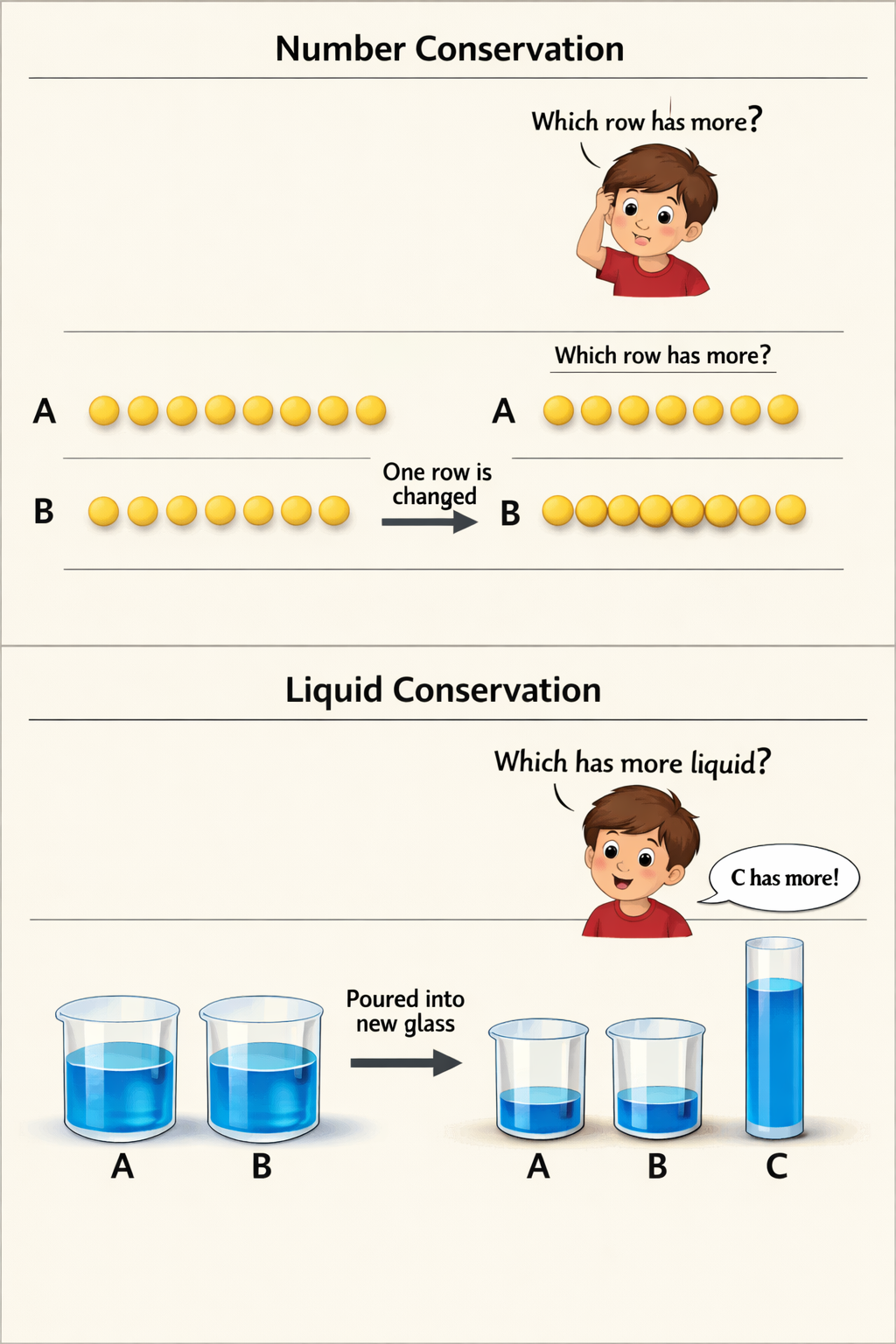 <p><mark data-color="#c29461" style="background-color: rgb(194, 148, 97); color: inherit;"><span>Pre-operational stage ( 2-7 years)</span></mark><span>→Conservation</span></p><ul><li><p><span>what is the ability of conservation?</span></p></li><li><p><span>Piaget demonstrated this in a number of situations:</span></p></li></ul><p><u><span>In his number conservation experiment:</span></u></p><ul><li><p><span>Piaget placed two rows of eight identical counters side by side.</span></p></li><li><p><span> young children correctly reasoned that each row of counters had the same number.</span></p></li><li><p><span>However, when the counters in one of the rows were pushed closer together, pre-operational children struggled to conserve and usually said there were fewer counters in that row.</span></p></li></ul><p><span>In his liquid conservation experiment:</span></p><ul><li><p><span> Piaget found that when two identical containers (A and B) were placed side by side with the contents at the same height, most children spotted that they contained the same volume of liquid. </span></p></li><li><p><span>However, if the liquid was poured into a taller, thinner vessel (C), younger children typically believed there was more liquid in the taller vessel.</span></p></li></ul><p></p>