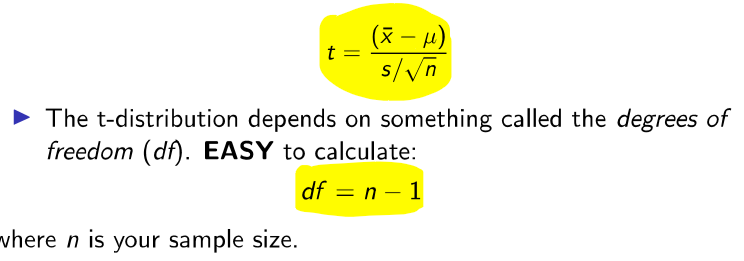 <p>Applies to the standardized sample mean → use when the sample size is small &amp; population standard deviation is unknown!</p><ul><li><p>very similar to the z-score (instead of standard deviation, use the standard error!)</p></li><li><p>dependent on degrees of freedom</p></li><li><p>dof = n - 1</p></li></ul><p></p>