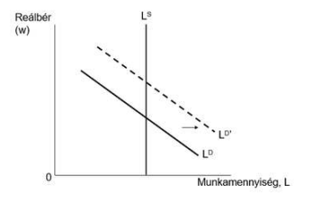 <p>&nbsp;Az&nbsp;alábbi&nbsp;ábra&nbsp;egy&nbsp;gazdaság&nbsp;munkapiacának&nbsp;eredeti (folytonos&nbsp;vonal)&nbsp;és&nbsp;exogén sokk&nbsp;utáni (szaggatott vonal) állapotát&nbsp;mutatja. Milyen&nbsp;exogén&nbsp;sokk hatására történhetett az&nbsp;ábrázolt&nbsp;változás?</p><ol><li><p>Növekedett&nbsp;a&nbsp;termelésben&nbsp;használható munkamennyiség.</p></li><li><p>Csökkent&nbsp;a&nbsp;termelésben&nbsp;használható munkamennyiség.</p></li><li><p>Növekedett&nbsp;a&nbsp;termelésben&nbsp;használható tőkemennyiség.</p></li><li><p>Csökkent&nbsp;a&nbsp;termelésben&nbsp;használható tőkemennyiség.</p></li></ol><p></p>