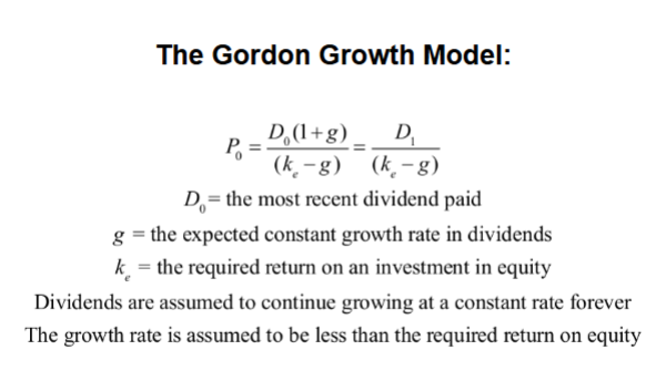 <p>Idea: The firm pays dividends forever and those dividends grow at a constant rate <em>g</em>. Value = present value of infinite growing stream of dividends.</p><p></p><p>D1- Dividend next year (NOT this year, that’s D0)</p>