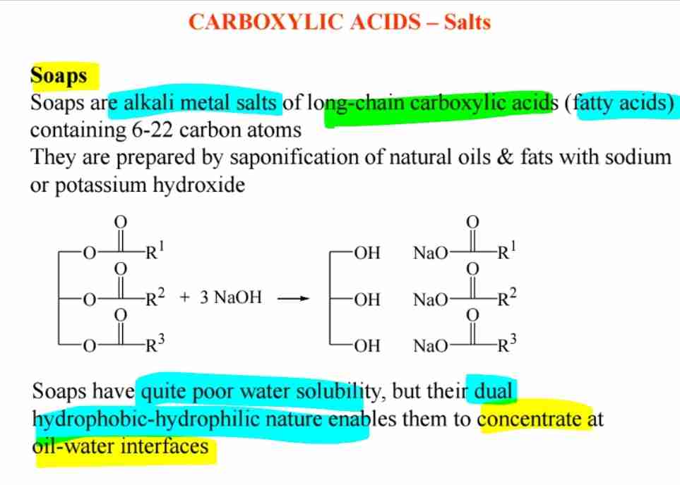 <p><span>Sodium or potassium salts of long-chain fatty acids form soaps, which act as emulsifying agents.</span></p>