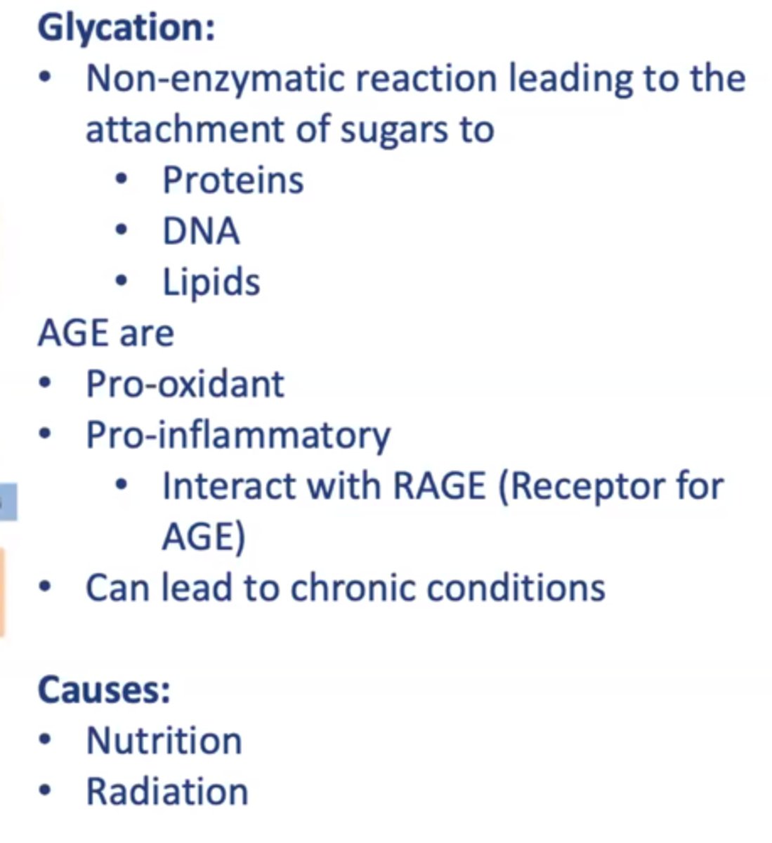 <p>monosaccharide (glucose) attaching nonenzymatically to amino group of protein</p>
