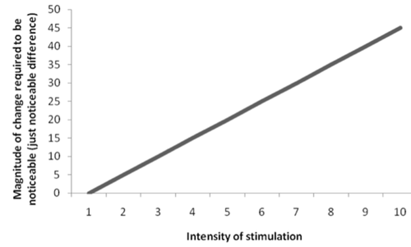 <p>The just noticeable difference of a stimulus is a constant proportion despite variations in intensity</p>