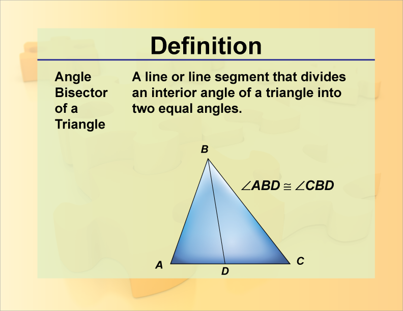 <ul><li><p>an angle bisector divides an angle into 2 equal parts</p></li></ul>