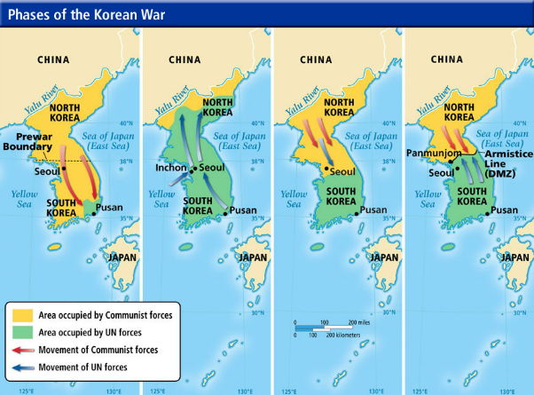 <p>June 1950 – North Korea invaded South Korea</p><p>• U.N. organized an army to oppose North Korea</p><p>• Sept 1950 - United Nations forced counterattack</p><p>• Communist China came to aid of North Korea</p><p>• 1951 to 1953 – fighting continued along 38th</p><p>parallel</p><p>• July 1953 – truce &amp; Korea divided at 38th parallel</p>