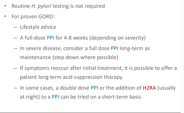 <p>- lifestyle advice</p><p>- full dose PPI for 4-8 weeks (depending on severity)</p><p>- in severe disease, consider full dose PPI long-term as maintenance-&gt; step down where possible</p>