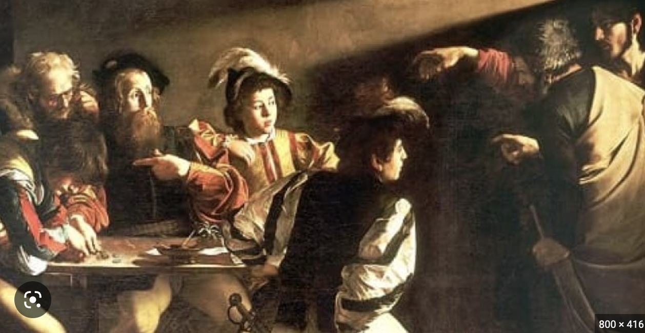 <ul><li><p>Caravaggio</p></li><li><p>Levi the tax collecter</p></li><li><p>jasus pointing at levi to follow him</p></li><li><p>drama and realism</p></li><li><p>looks like a photo</p></li><li><p>greedy guy Levi → apostle St. Matthew</p></li><li><p>don’t know who Levi is</p></li><li><p>baroque</p></li><li><p><u>tenebrism</u></p></li></ul>