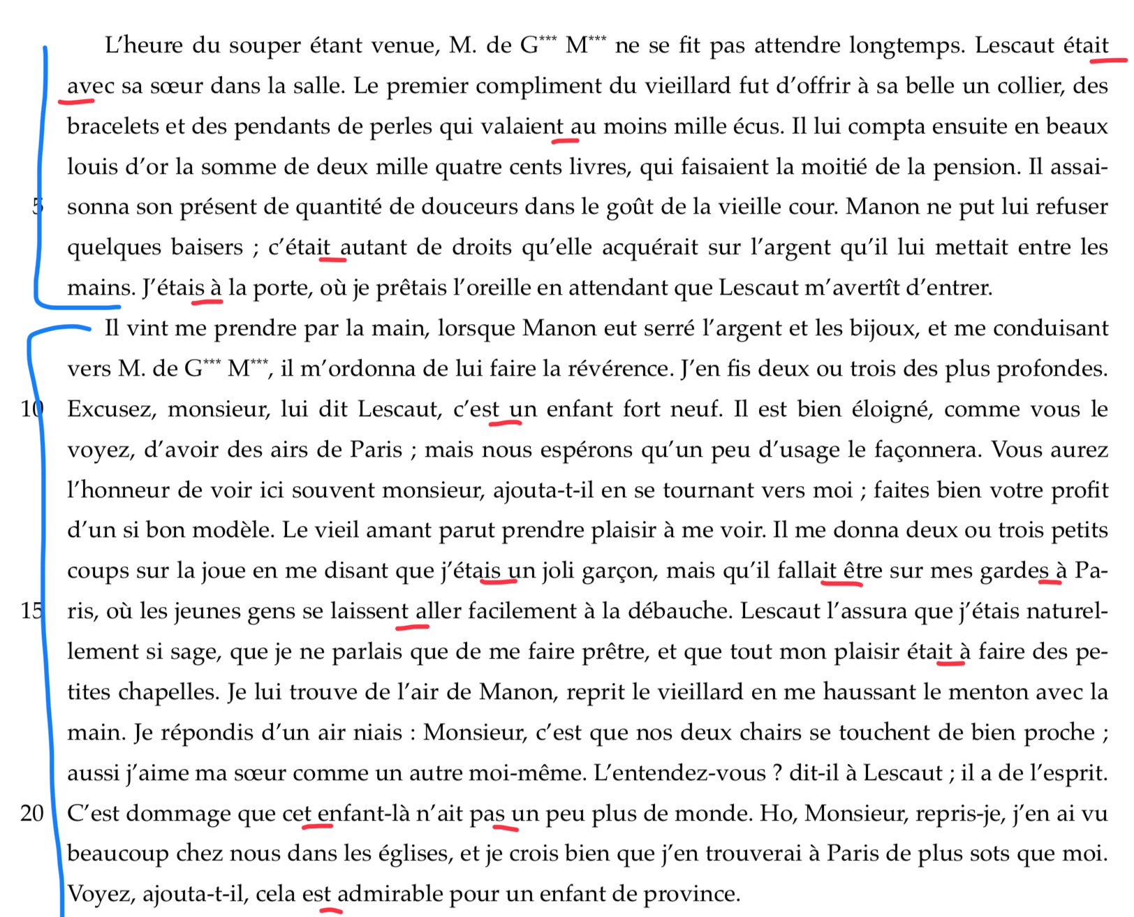 <p><em>amorce</em></p><p><span>Un d'entre eux est le vieux de G... M..., très riche et prêt à l'entretenir.</span></p><p><span>Malgré leur ruine suite au vol de leurs domestiques, DG refuse de prostituer</span></p><p><span>Manon. Ils décident alors de lui escroquer une bonne somme en faisant sa dupe lors d'un dîner où Manon, Des Grieux et Lescaut sont spectateurs, acteurs et metteurs en scène — et dont le personnage principal, le vieux de G... M.. est un vieux libertin, personnage type et excessif.</span></p><p><em>éléments d’introduction au roman</em></p><p><strong>Il s’agit de se demander en quoi cette scène de comédie permet de faire la satire d’un vieux libertin.</strong></p><p><strong>I - La mise en place du spectacle, qui passe par un échange comique et scandaleux.</strong> (ligne 1 à 7)</p><p><strong>II - La satire du vieux de GM, mais de DG aussi</strong> (ligne 7 à 22)</p>