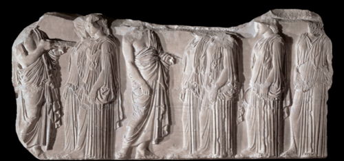 Marble fragment of the frieze on east side of Parthenon. 
Ergastimes were young women from noteable families who brought peplos to clothe the statue of Athena
