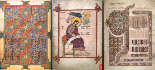 <p>Lindisfarne Gospels: St. Matthew, cross-carpet page, St. Luke portrait page, St Luke incipit page</p>