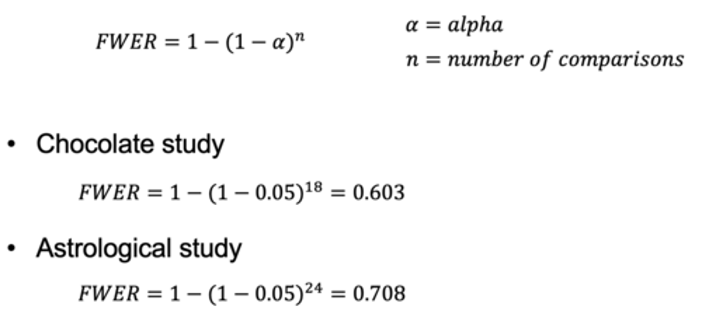 <p>α = alpha</p><p>n = number of comparisons (# of tests)</p><p>• gives you the probability of committing a type I error</p><p>• Examples:</p><p>- chocolate study: 60% probability of Type I error</p><p>- astrological study: 70% probability of Type I error</p><p>• the more tests you run, the higher the probability of a Type I error</p>