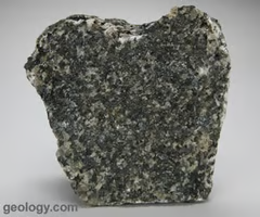<p>igneous, dominant minerals are plagioclase, pyroxenes, hornblende, and olivine. coarse-grained texture, dark color, visible crystals.</p>