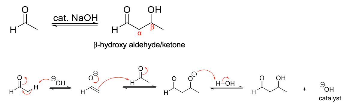 <p><strong>Mechanism:</strong></p><p>1) Enolate formation.</p><p>2) Formation of C=O bond (of enolate), double bond attacks C=O bond of original form, C=O bond broken (of aldehyde/ketone).</p><p>3) Protonation of O<sup>-</sup> by H<sub>2</sub>O.</p><p></p><p><strong>Notes:</strong></p><p>Forms a β-hydroxu aldehyde/ketone.</p><p>If aldehyde/ketone is in solution with its enolate, they will react.</p>