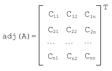 <p>For an invertible matrix A,</p><p>A<sup>-1</sup> = 1/det(A) * adj(A)</p><ul><li><p>picture of adjugate of A →</p></li></ul><p></p>