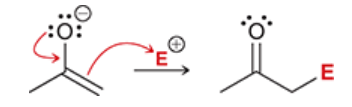<p>when the negative carbon atom of an enolate attacks an electrophile</p><p>more common than O-attack</p><p>note: when drawing the mechanism, draw the resonance charge with the negative charge on O, even though C is attacking (because O bears more negative charge than C)</p>