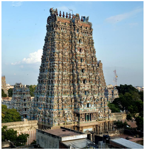 <p>Large South Indian temples with elaborate gateway towers and extensive pillared halls.</p>