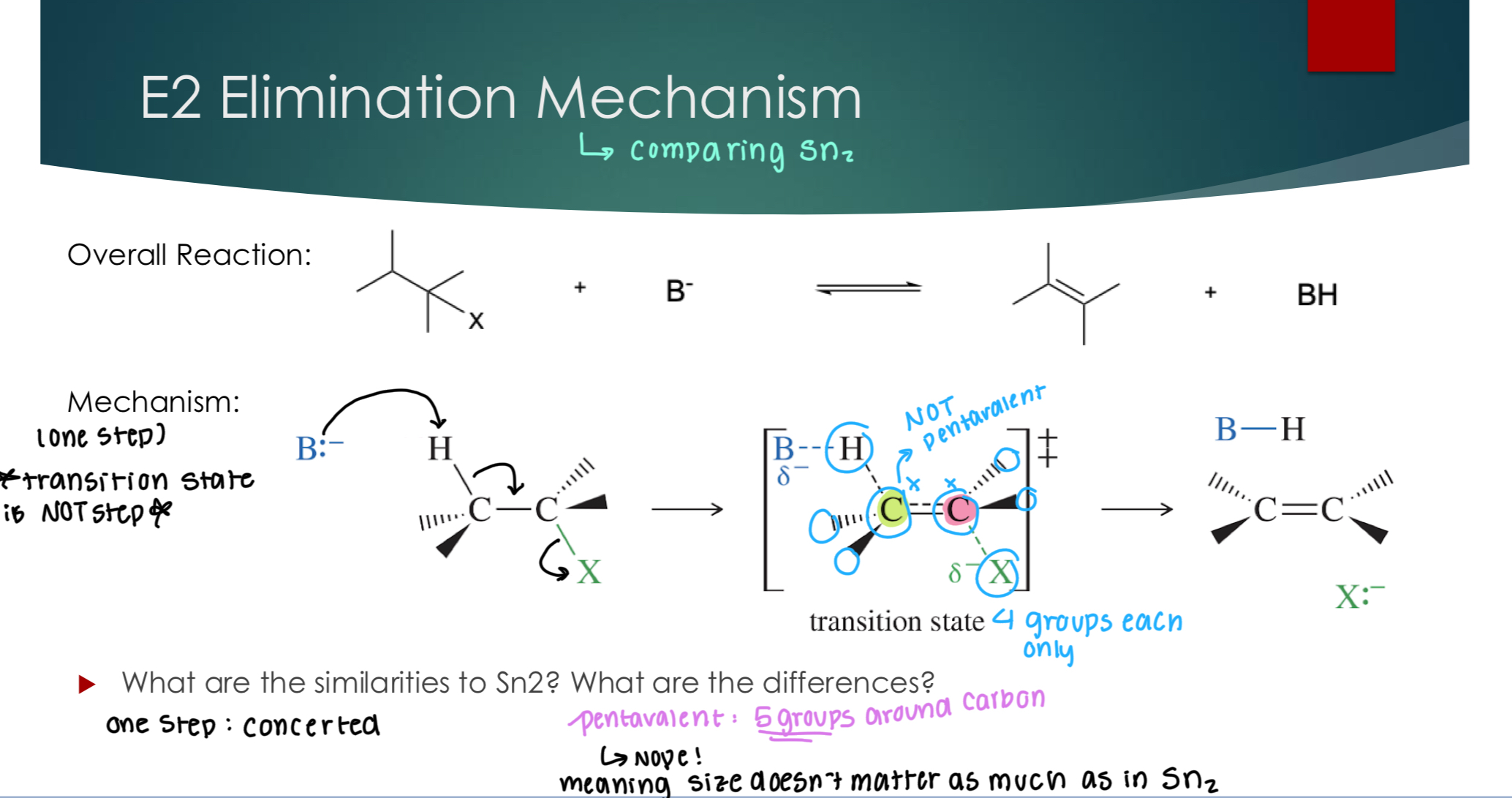 <p>What are the similarities to Sn2? What are the differences?</p><p>it’s one step: (concerted)&nbsp;</p><p>but, it’s not pentavalent since it only has 4 groups due to the double bond.<strong> NOTE: don’t count the double bonds as two groups.&nbsp;</strong></p><p></p><p>What is the RDS &amp; rate law? k[B][Rx] </p><p> What kind of alkyl halides will be best for E2? </p><p>No pentavalent, C 3° is okay for this reaction. Alignment is important, though.&nbsp;</p><p> Does the base affect the rate? What kind of bases will be preferred for E2?&nbsp;</p><p>Yes, want a strong base/ nucleophile small or bulky will work..&nbsp;</p><p> Best solvent?: aprotic</p><p>Use it to determine what is slightly faster or slower.</p>