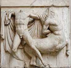 Artist: Phidias. 
Metope from the Parthenon
443-438 B.C.E.
marble. 