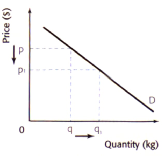 <p>as price of a product falls the quantity demanded of a product will usually increase, ceteris paribus</p>