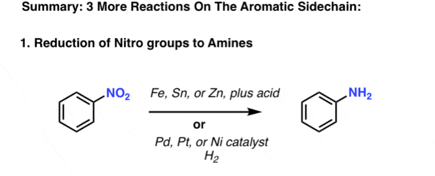 <ul><li><p>nitro reduction</p></li><li><p>changes NO<sub>2</sub> group to NH<sub>2</sub></p></li><li><p>replaces O<sub>2 </sub>with hydrogens</p></li><li><p>reduces alkynes to alkenes</p></li></ul><p></p>
