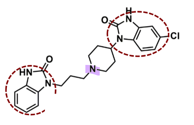 <ul><li><p><u>pharmacophore:</u> <strong>benzimidazole</strong></p><ul><li><p>very polar - so won’t cross BBB</p></li></ul></li><li><p>D2 and D3 antagonist </p></li><li><p>reduced CNS effects relative to metoclopramide</p></li><li><p>N in 6 member ring will also become charged </p></li></ul>
