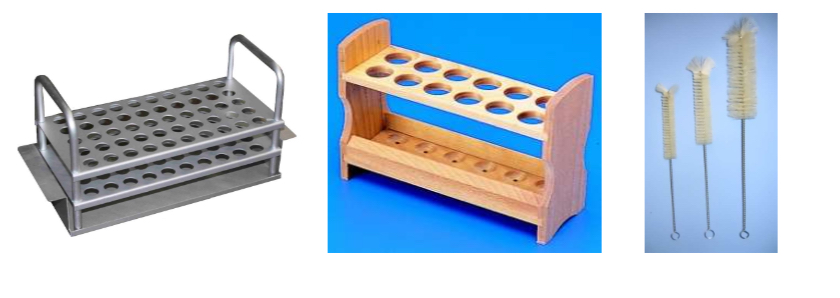 <p><span>Test Tube Rack: holds test tubes</span></p><p><span>Test Tube Brush: is used to clean test tubes and other glassware.</span></p>