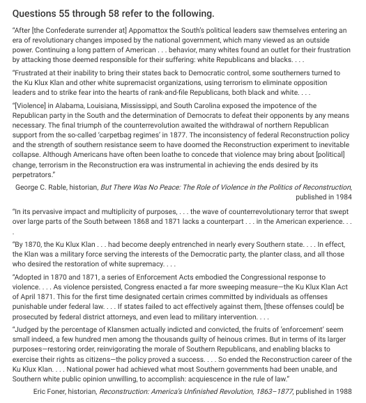 <p>Which of the following pieces of evidence could best be used to modify Foner’s main argument in the second excerpt?</p>
