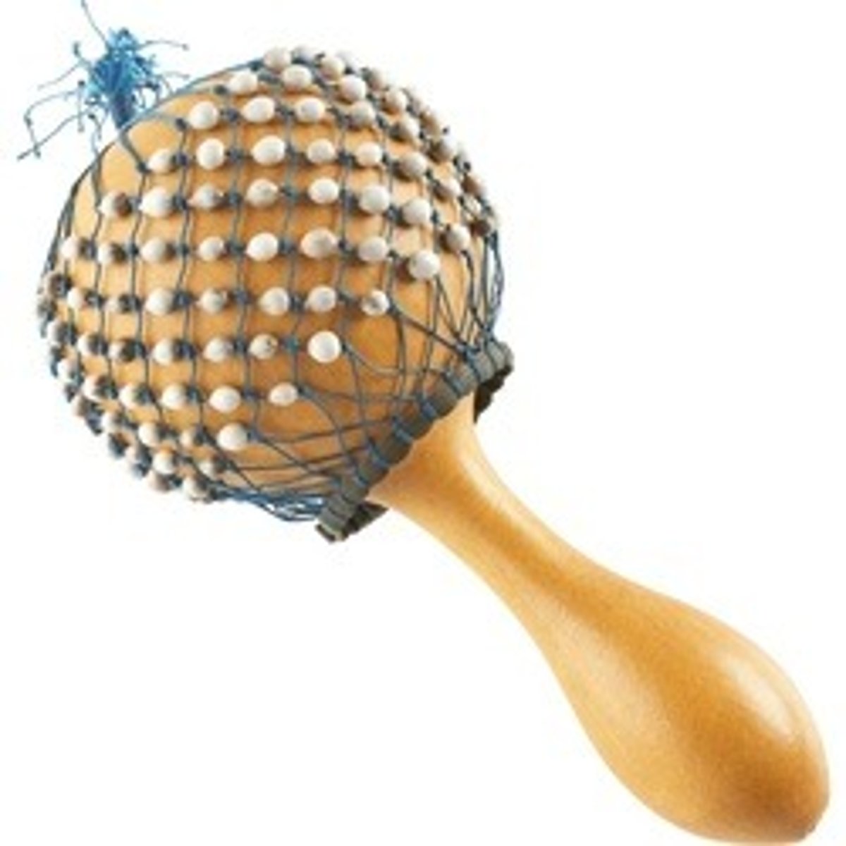 <p>A dried gourd covered in a net with beads or shells woven in, forming a kind of rattle.</p>