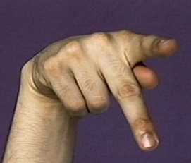 <p><strong>Another version </strong>of P has the three other fingers (including the middle finger) flat (not folded) and touching the thumb.</p><p>The only pointing finger is the index finger. </p>