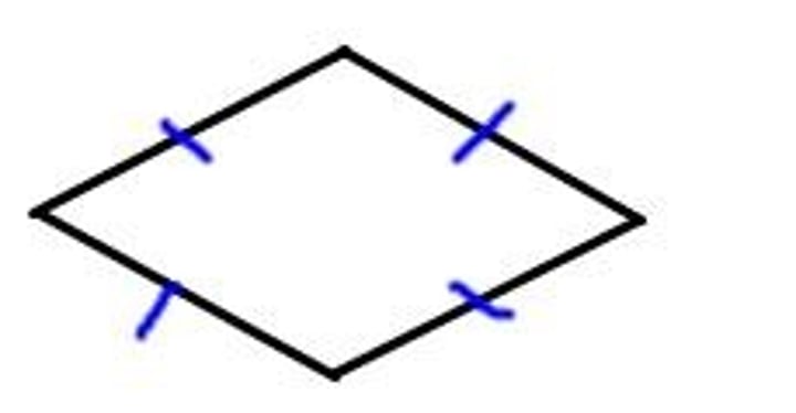 <p>Def: a parallelogram (2 pairs of parallel sides) with 4 congruent sides<br><br>Properties:<br>-All sides congruent <br>-Opposite angles congruent<br>-Consecutive angles are supplementary<br>-diagonals bisect each other (same midpoint)<br>-diagonals bisect vertex angles<br>-diagonals are perpendicular</p>