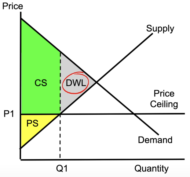 <ul><li><p>eg. government limits the maximum price</p></li><li><p>causes a smaller producer surplus and larger consumer surplus</p></li><li><p>creates dead weightloss: the idea that we aren’t producing the socially optimal quantity (producing less than they want)</p></li></ul><p></p>