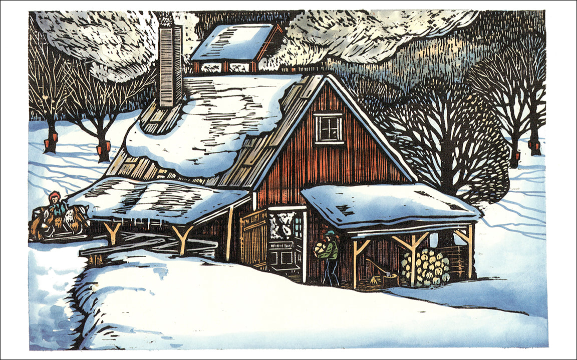 <p>Utilizes woodcuts, often reflecting rural or old-time Vermont feel</p>