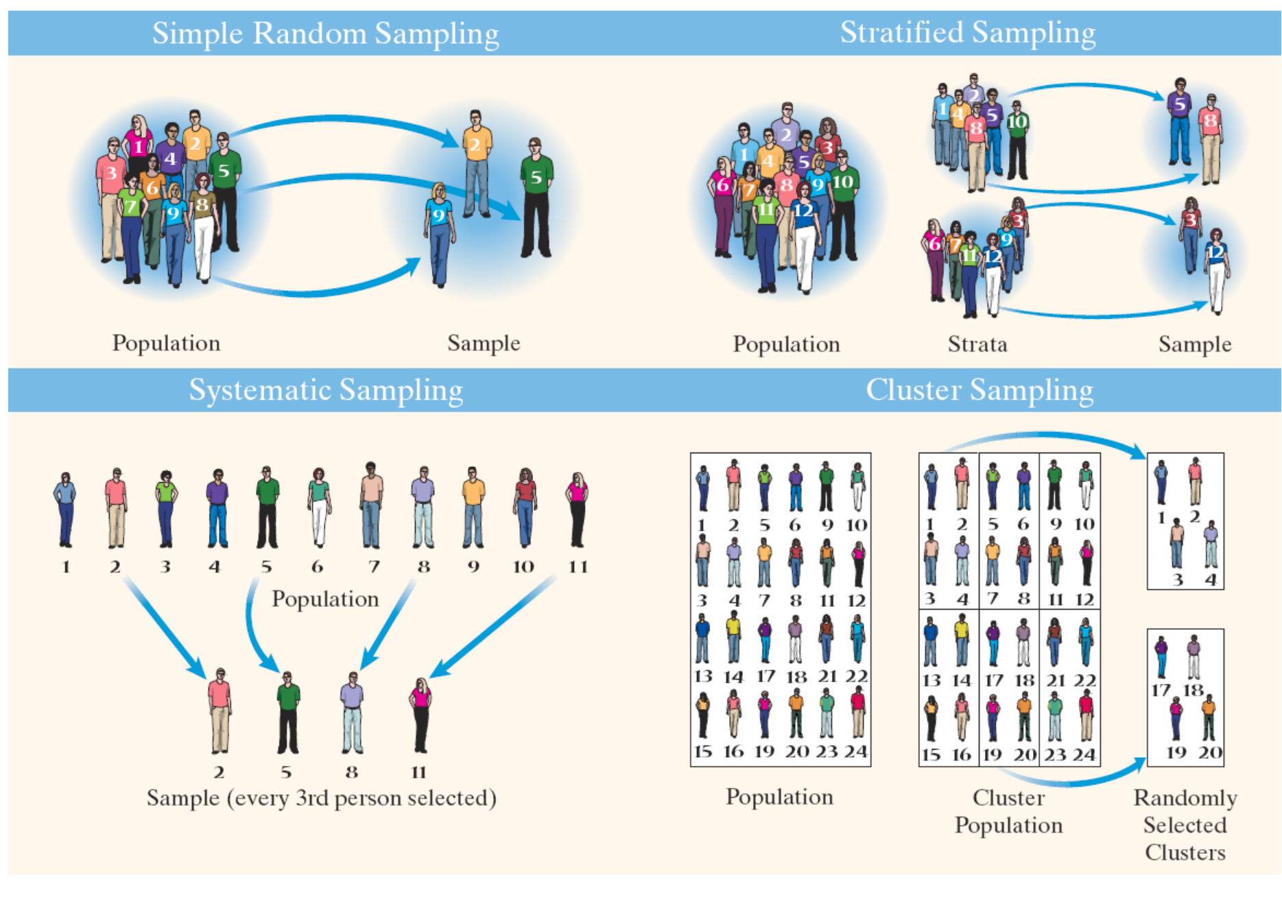 <ol><li><p>simple random sampling&nbsp;</p></li><li><p>systematic sampling</p></li><li><p>stratified sampling</p></li><li><p>cluster sampling</p></li></ol><p></p>