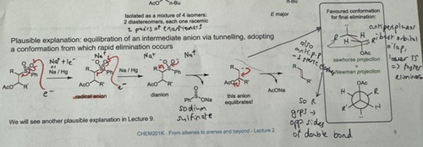 <p>Stereoselective for E alkene.</p><p>→ Equilibration of an intermediate anion via tunnelling</p><p>→ adopts a conformation from which rapid elimination occurs (antiperiplanar - best orb overlap, lower TS = faster elimⁿ)</p>