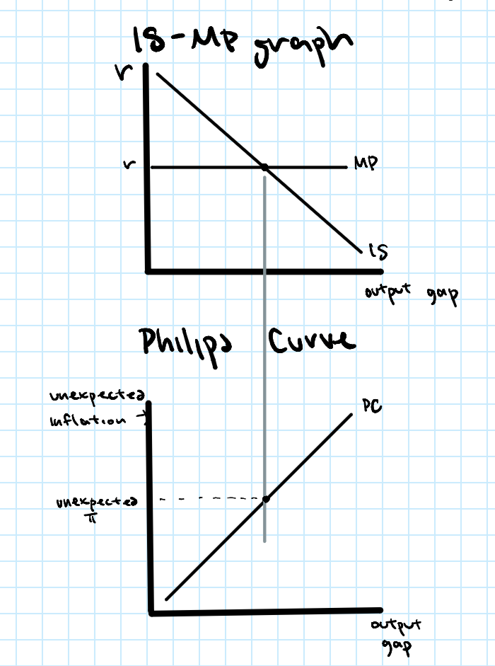<p>The IS-MP graph stacked on top of the Phillips Curve. The IS-MP curve is first used to find the output gap. The PC is then used to asses the result on inflation. </p>