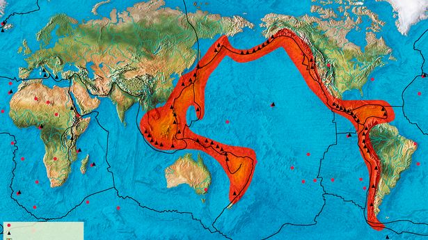 <p>Region surrounding the Pacific plate where an increased amount of volcanism takes place due to subduction. Lots of Stratovolcanoes.</p>