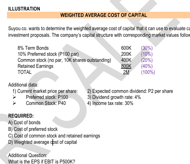 <p>ILLUSTRATION WEIGHTED AVERAGE COST OF CAPITAL Suyou co. wants to determine the weighted average cost of capital that it can use to evaluate capital investment proposals. The company’s capital structure with corresponding market values follows:</p>