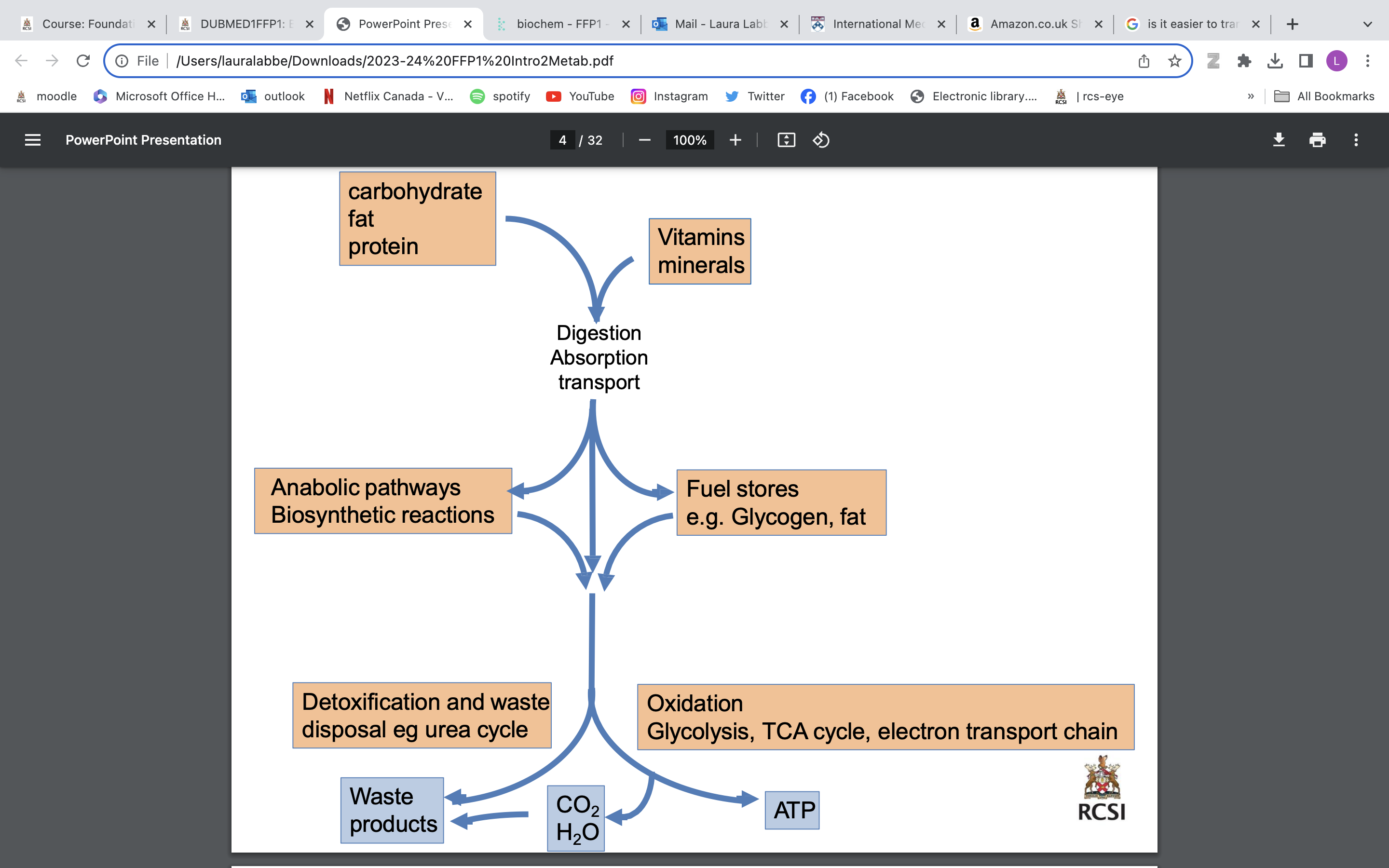 <p>a set of chemical reactions essential for life. These reactions can be divided into: catabolic and anabolic reactions</p><p></p><p>• Each step in a metabolic pathway is controlled by enzymes which enable energetically unfavourable reactions to proceed. </p><p>• By a process of enzyme inhibition or activation, metabolic pathways respond to changes to cellular or body environment and need.</p>