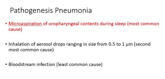 <ul><li><p><span>Microaspiration of oropharyngeal contents during sleep (most common cause)</span></p></li><li><p><span>Inhalation of aerosol drops ranging in size from 0.5 to 1&nbsp;µm (second most common cause)</span></p></li><li><p><span>Bloodstream infection (least common cause)</span></p></li></ul>
