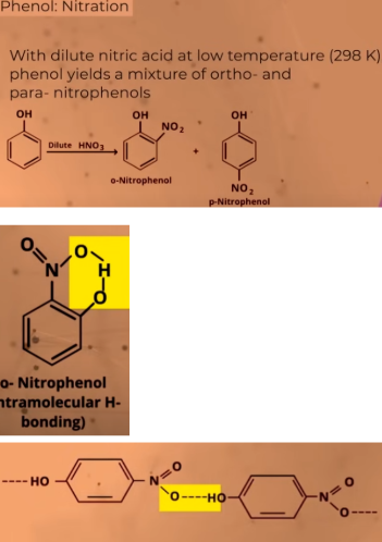 <ul><li><p>both the products can be separated </p></li><li><p>o-Nitrophenol is steam volatile(evaporate) due to INTRAMOLECULAR hydrogen bonding  </p></li><li><p>p-Nitrophenol is less volatile due to INTEMOLECULAR hydrogen bonding </p></li><li><p>can be separated through DISTILLATION </p></li></ul><p></p>