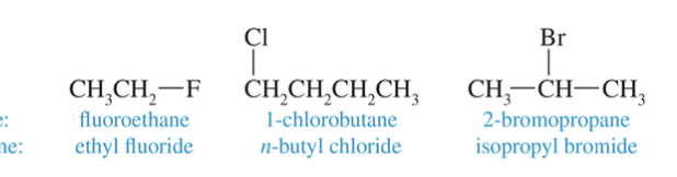<p>Alkanes substituted with a halogen (F, Cl, Br, I), named using a halo prefix (e.g., fluoro, chloro, bromo, iodo) in IUPAC nomenclature.</p>