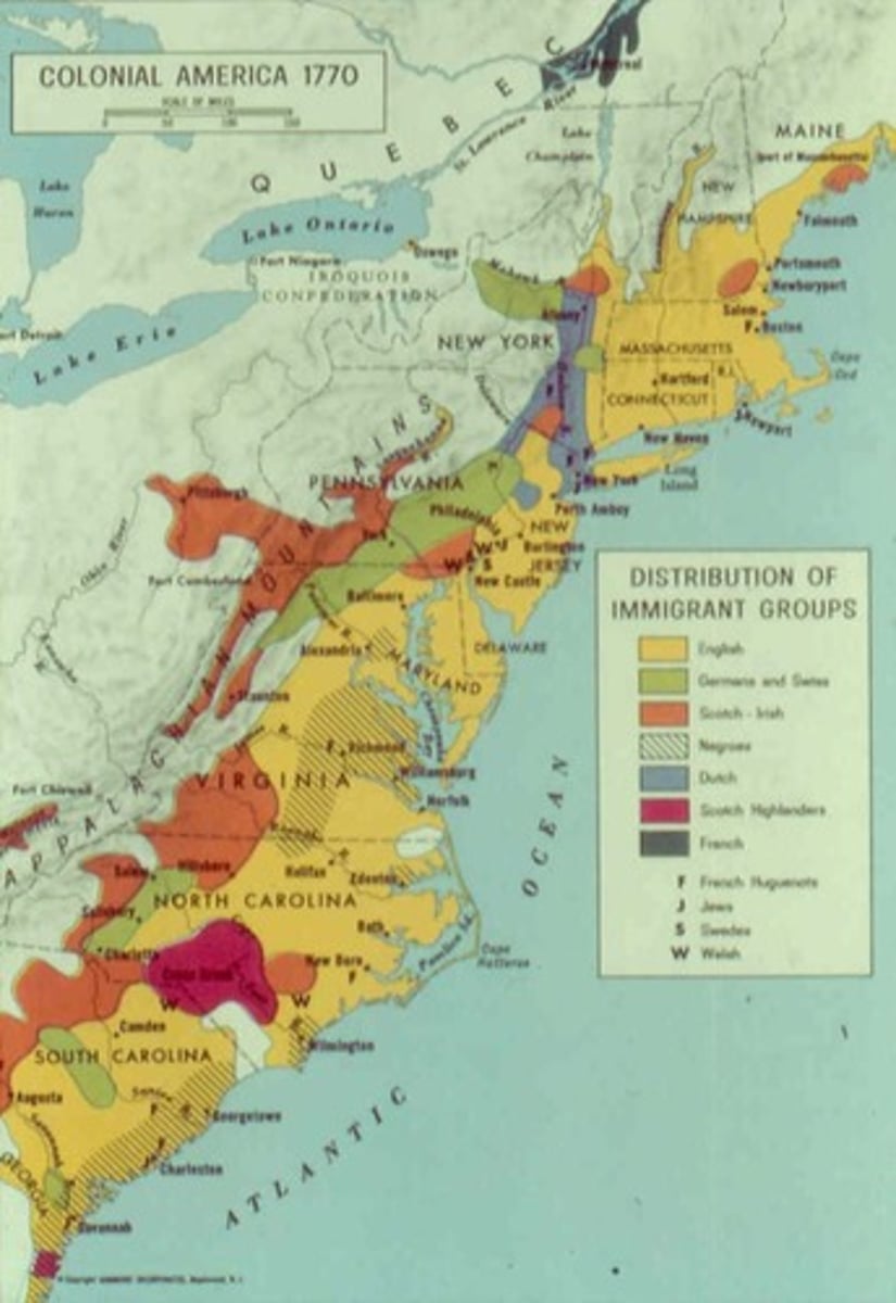 <p>English (Anglicans, Puritans, Quakers), Germans, Scots-Irish, Dutch, and Africans.</p>