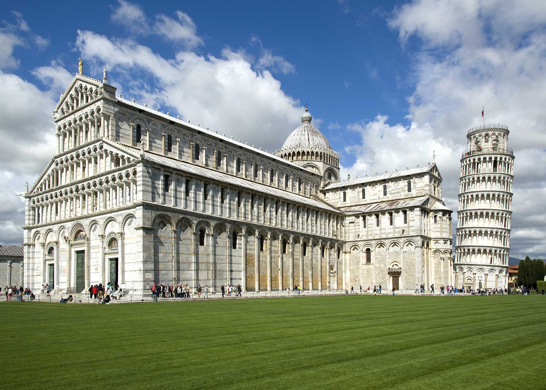 <p>located in pisa, italy; an extremely classical structure</p><p>features bell towers and baptistry, white marbling with alternating colors, and doming</p>