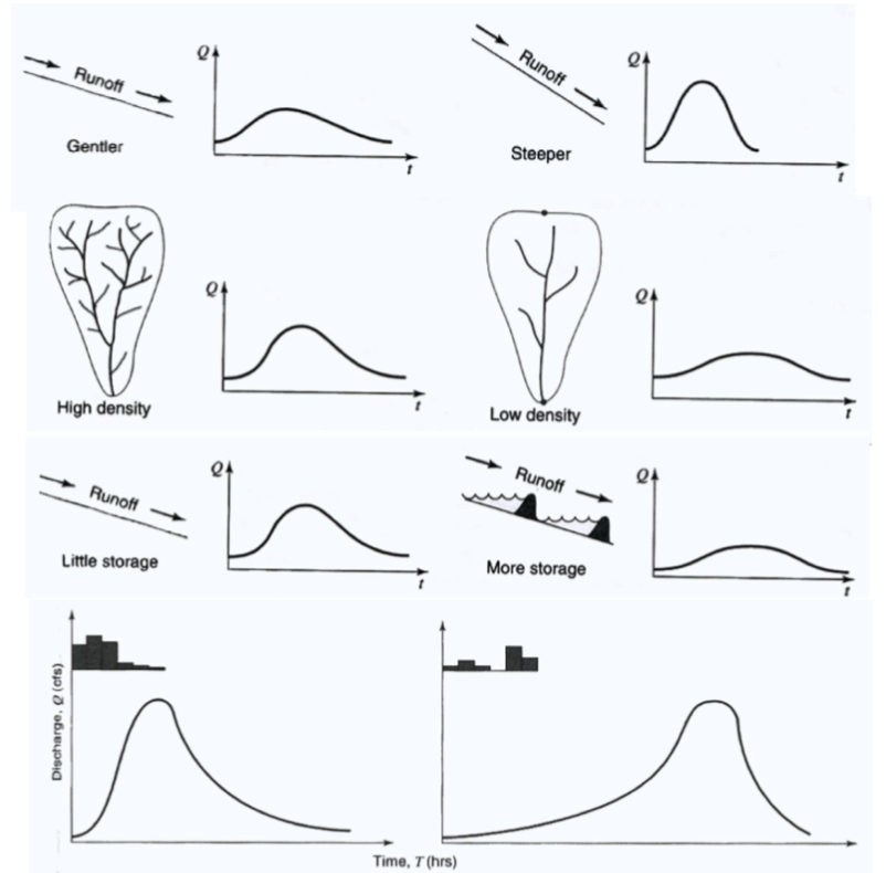 Watershed hillslope gradient: steeper generally gets water to the river faster

Drainage density: how many streams flow into a river at a certain point

Surface storage e.g. dams, lakes, reservoirs, flatten the hydrograph  

Temporal and spatial distribution of rain fall, where it falls in the catchment

weather, climate,    